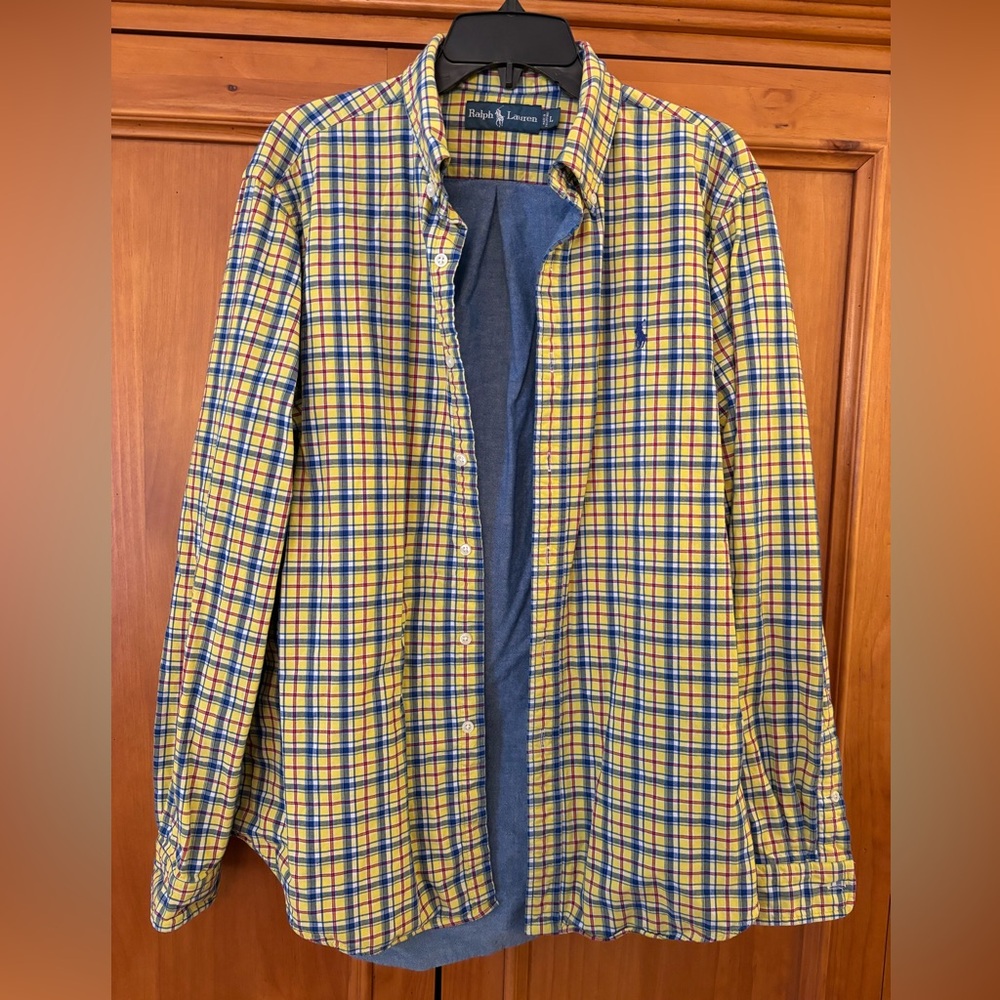 Polo Ralph Lauren Mens LS Yellow Blue Chambray Plaid Button Down Shirt Lined L